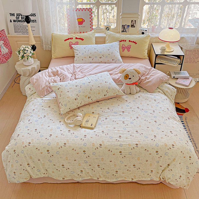 91家纺网 家纺一手货源 找家纺 布可家纺 2025新款水洗棉时尚印花四件套 泡芙狗