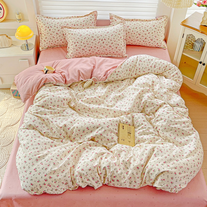 91家纺网 家纺一手货源 找家纺 布可家纺 2025新款水洗磨毛时尚印花四件套 粉色恋歌