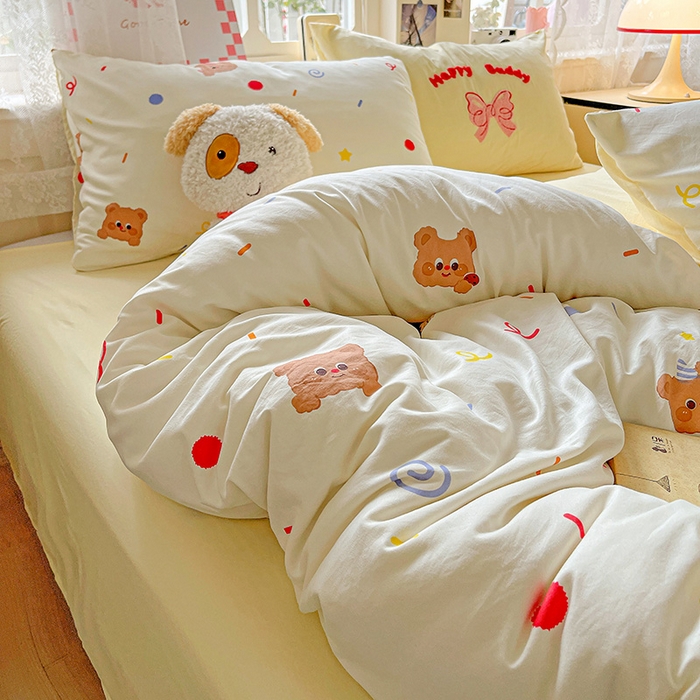 91家纺网 家纺一手货源 找家纺 布可家纺 2025新款水洗棉时尚印花四件套 饼干熊