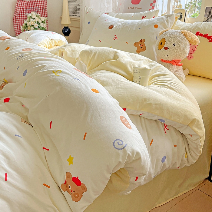 91家纺网 家纺一手货源 找家纺 布可家纺 2025新款水洗棉时尚印花四件套 饼干熊