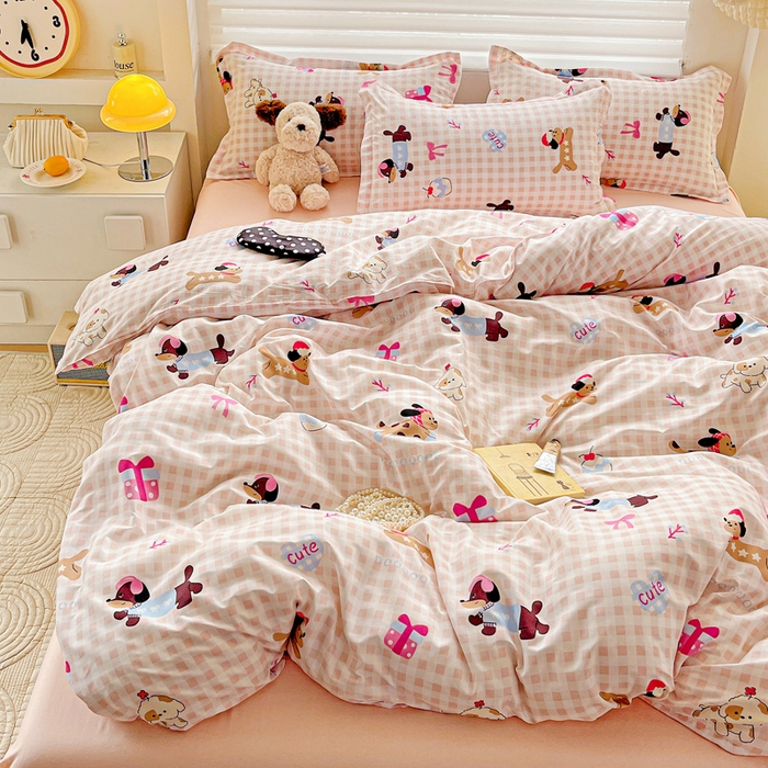 91家纺网 家纺一手货源 找家纺 布可家纺 2025新款水洗磨毛时尚印花四件套 格子小狗