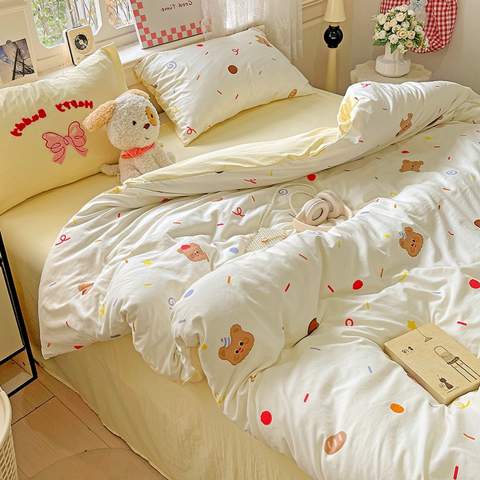 91家纺网 家纺一手货源 找家纺 布可家纺 2025新款水洗棉时尚印花四件套 饼干熊