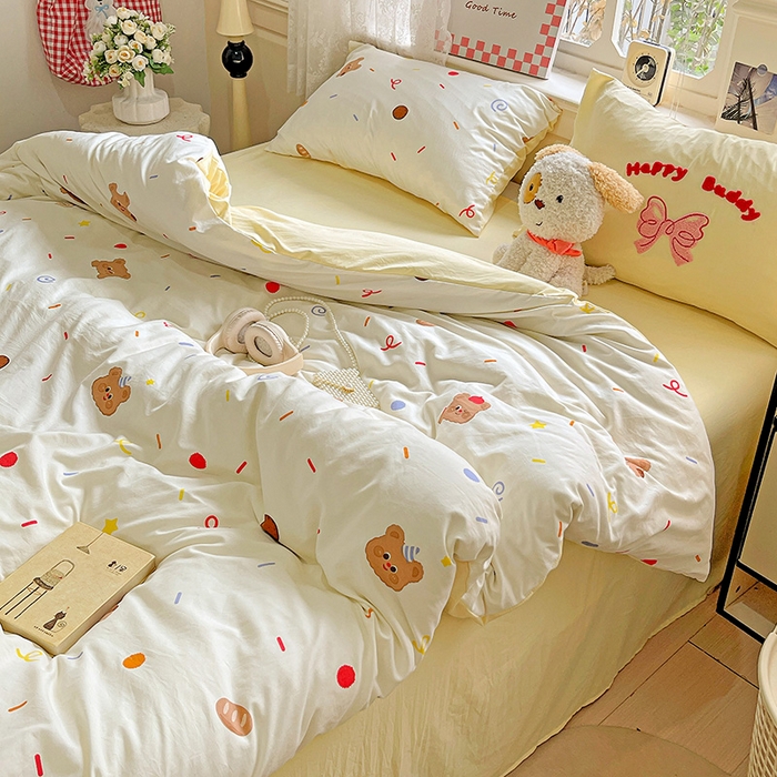 91家纺网 家纺一手货源 找家纺 布可家纺 2025新款水洗棉时尚印花四件套 饼干熊