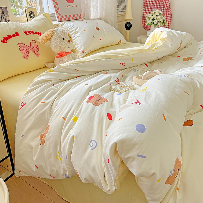 91家纺网 家纺一手货源 找家纺 布可家纺 2025新款水洗棉时尚印花四件套 饼干熊