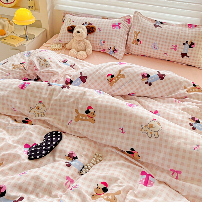 91家纺网 家纺一手货源 找家纺 布可家纺 2025新款水洗磨毛时尚印花四件套 格子小狗