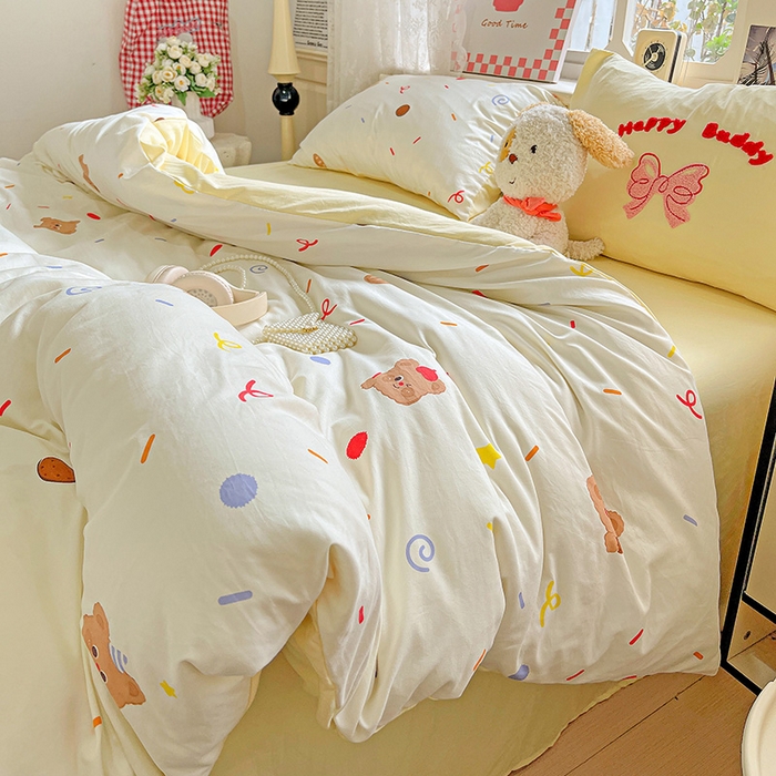 91家纺网 家纺一手货源 找家纺 布可家纺 2025新款水洗棉时尚印花四件套 饼干熊