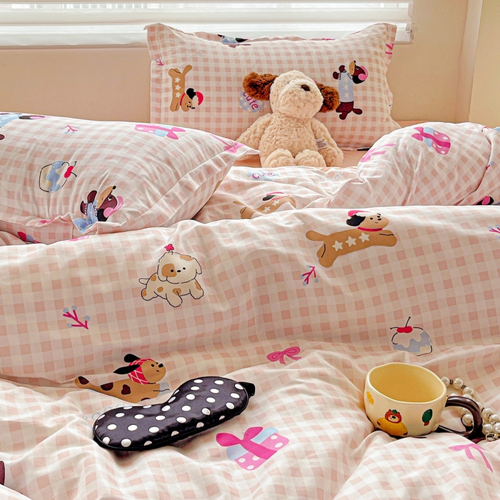 91家纺网 家纺一手货源 找家纺 布可家纺 2025新款水洗磨毛时尚印花四件套 格子小狗