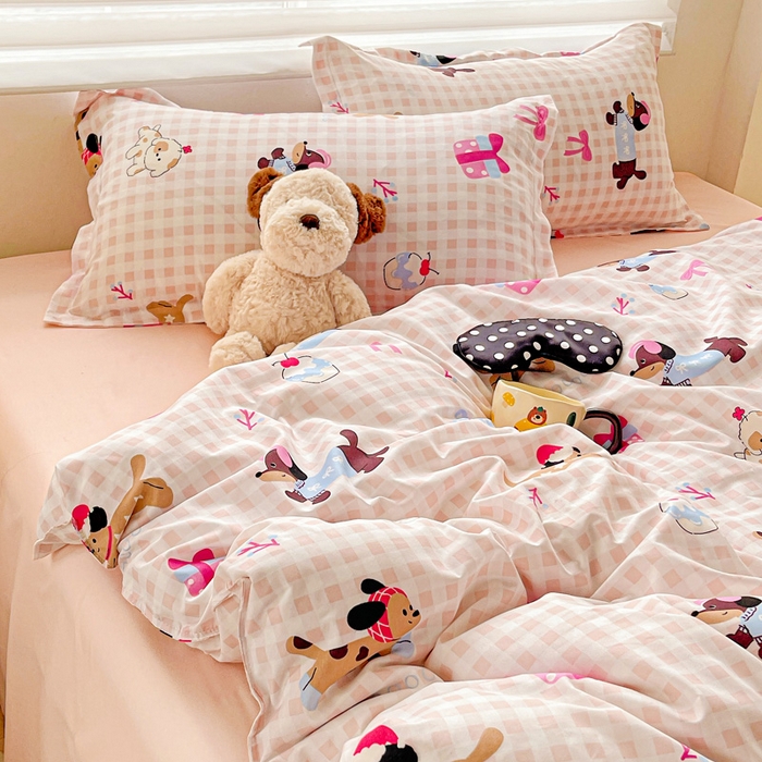 91家纺网 家纺一手货源 找家纺 布可家纺 2025新款水洗磨毛时尚印花四件套 格子小狗