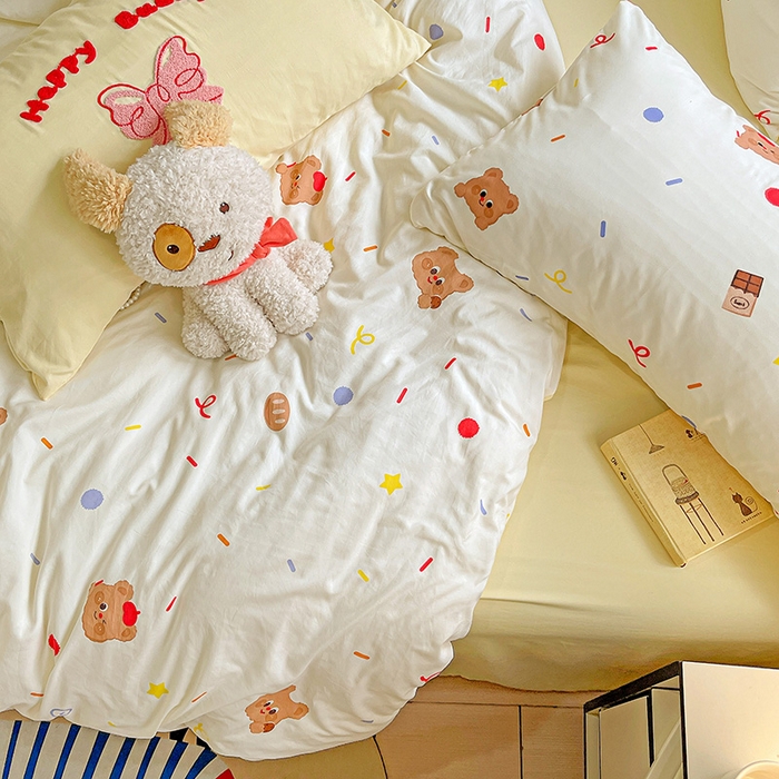 91家纺网 家纺一手货源 找家纺 布可家纺 2025新款水洗棉时尚印花四件套 饼干熊