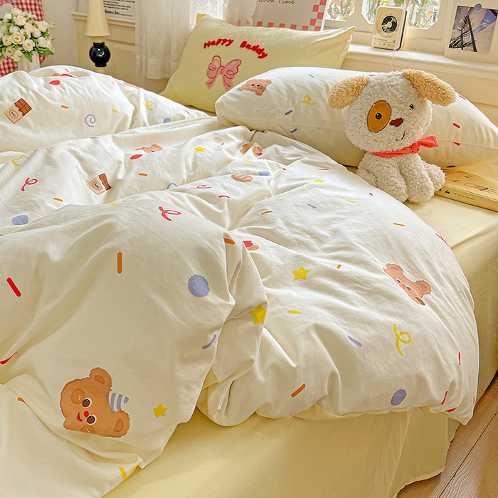 91家纺网 家纺一手货源 找家纺 布可家纺 2025新款水洗棉时尚印花四件套 饼干熊