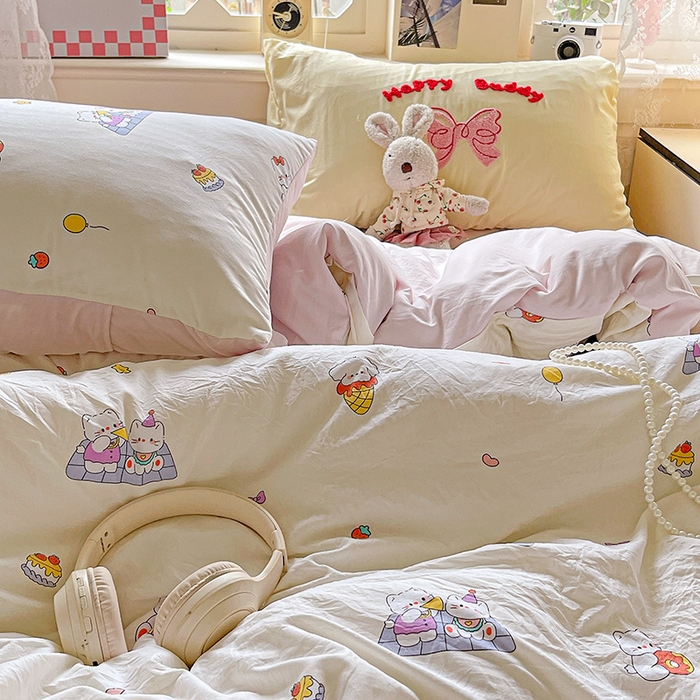 91家纺网 家纺一手货源 找家纺 布可家纺 2025新款水洗棉时尚印花四件套 可可猫咪