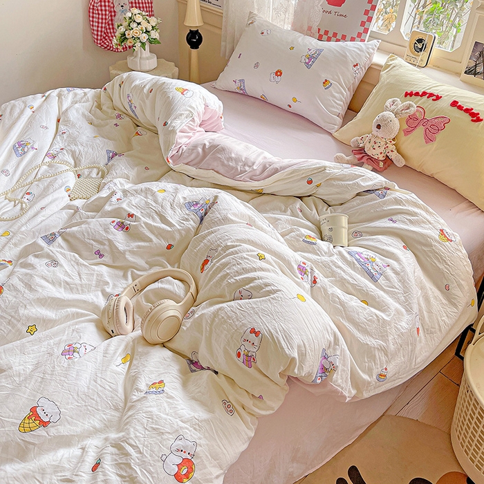 91家纺网 家纺一手货源 找家纺 布可家纺 2025新款水洗棉时尚印花四件套 可可猫咪