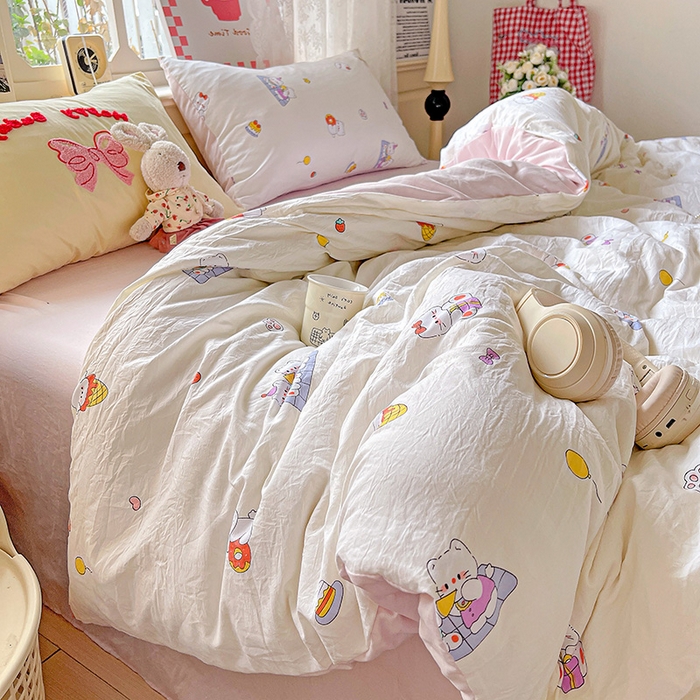 91家纺网 家纺一手货源 找家纺 布可家纺 2025新款水洗棉时尚印花四件套 可可猫咪