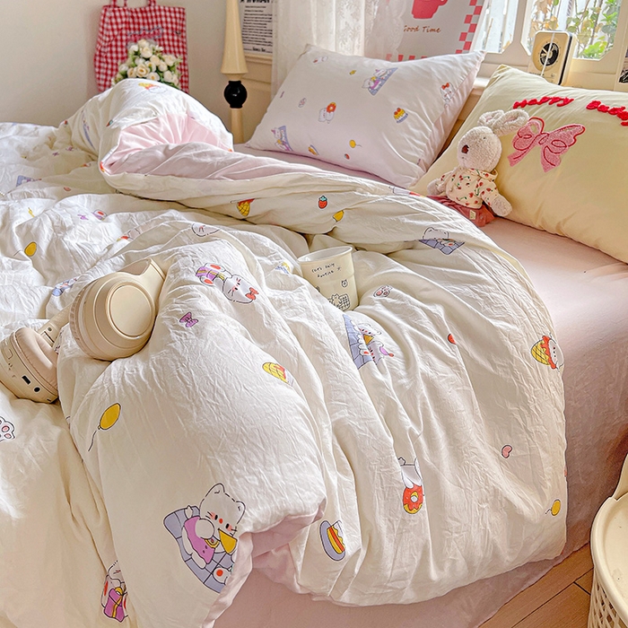 91家纺网 家纺一手货源 找家纺 布可家纺 2025新款水洗棉时尚印花四件套 可可猫咪