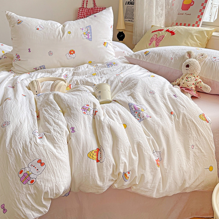 91家纺网 家纺一手货源 找家纺 布可家纺 2025新款水洗棉时尚印花四件套 可可猫咪