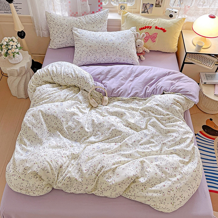 91家纺网 家纺一手货源 找家纺 布可家纺 2025新款水洗棉时尚印花四件套 蓝枝兔