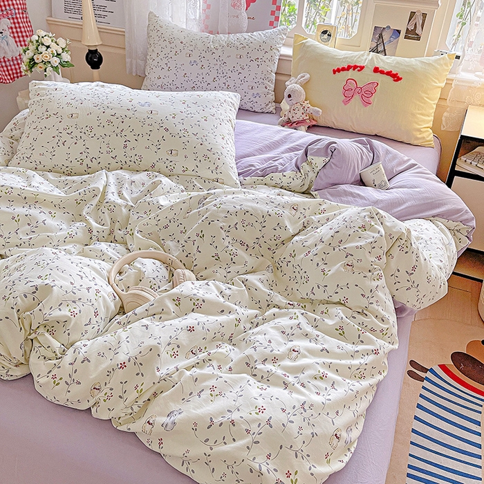 91家纺网 家纺一手货源 找家纺 布可家纺 2025新款水洗棉时尚印花四件套 蓝枝兔