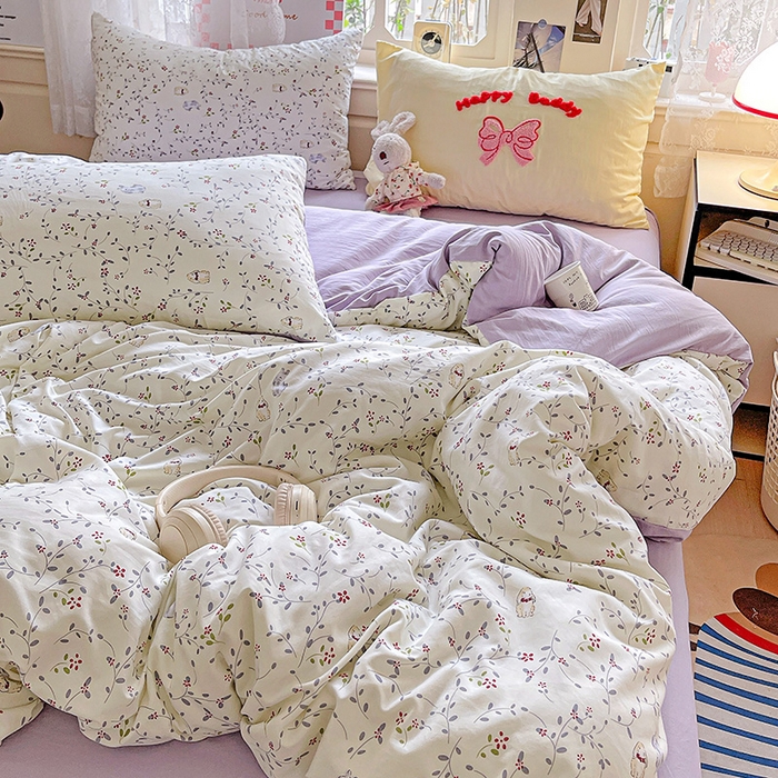 91家纺网 家纺一手货源 找家纺 布可家纺 2025新款水洗棉时尚印花四件套 蓝枝兔