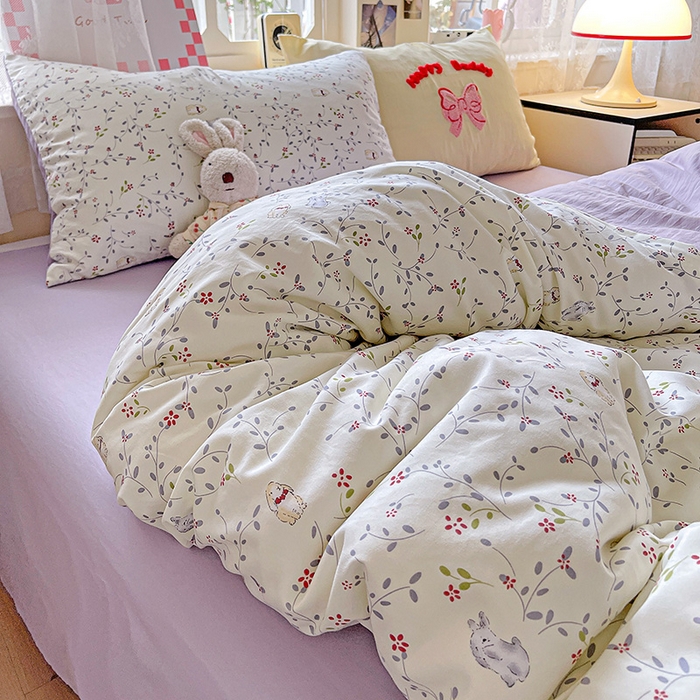 91家纺网 家纺一手货源 找家纺 布可家纺 2025新款水洗棉时尚印花四件套 蓝枝兔