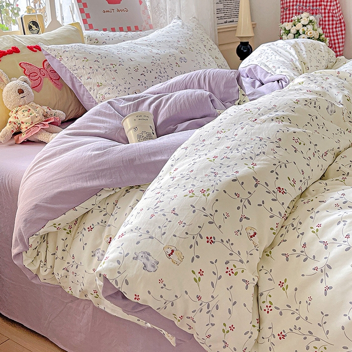 91家纺网 家纺一手货源 找家纺 布可家纺 2025新款水洗棉时尚印花四件套 蓝枝兔