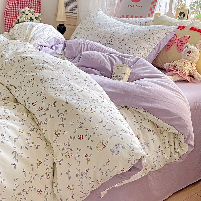 91家纺网 家纺一手货源 找家纺 布可家纺 2025新款水洗棉时尚印花四件套 蓝枝兔