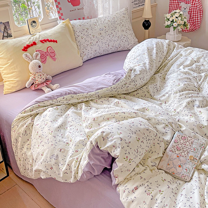 91家纺网 家纺一手货源 找家纺 布可家纺 2025新款水洗棉时尚印花四件套 蓝枝兔