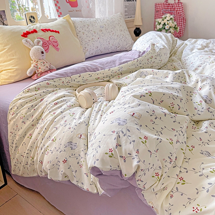 91家纺网 家纺一手货源 找家纺 布可家纺 2025新款水洗棉时尚印花四件套 蓝枝兔