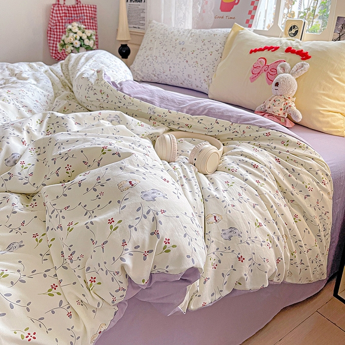 91家纺网 家纺一手货源 找家纺 布可家纺 2025新款水洗棉时尚印花四件套 蓝枝兔