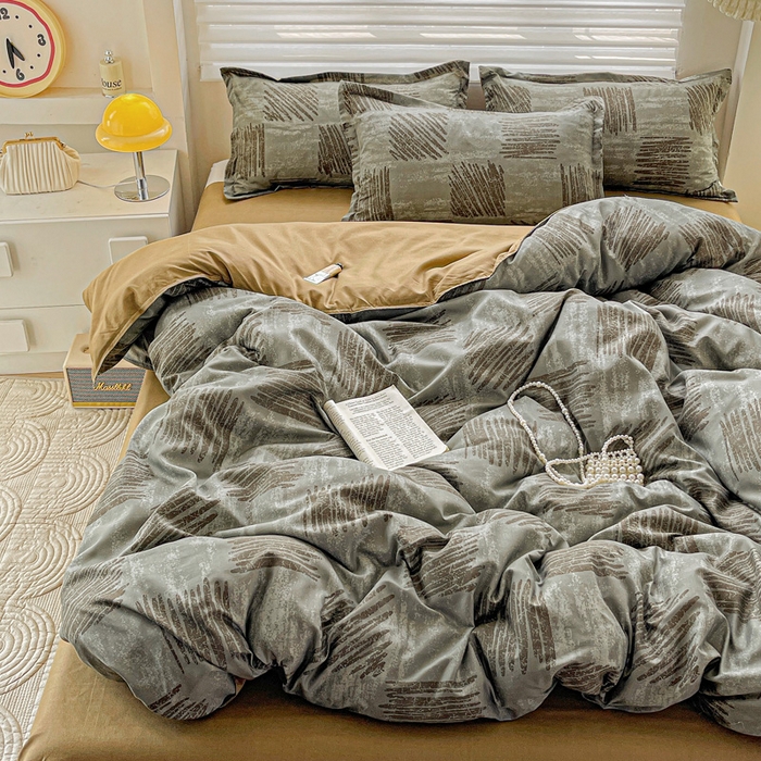 91家纺网 家纺一手货源 找家纺 布可家纺 2025新款水洗磨毛时尚印花四件套 米卡格-灰