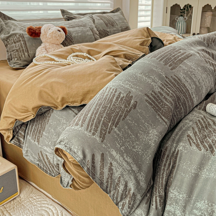 91家纺网 家纺一手货源 找家纺 布可家纺 2025新款水洗磨毛时尚印花四件套 米卡格-灰