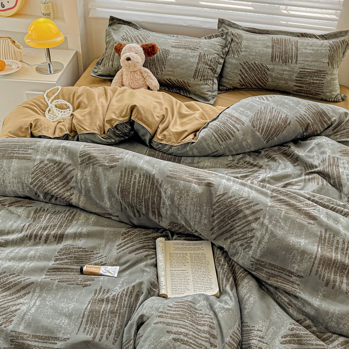 91家纺网 家纺一手货源 找家纺 布可家纺 2025新款水洗磨毛时尚印花四件套 米卡格-灰