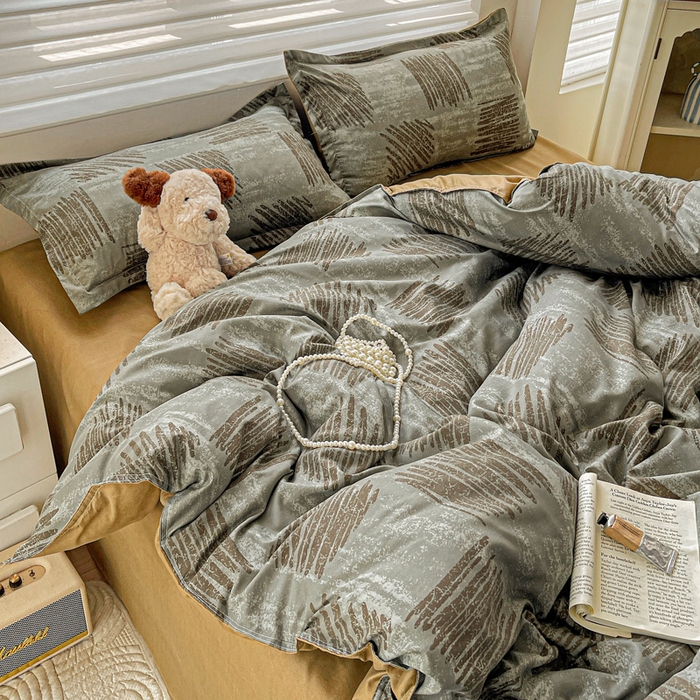 91家纺网 家纺一手货源 找家纺 布可家纺 2025新款水洗磨毛时尚印花四件套 米卡格-灰