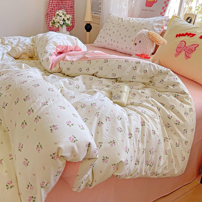 91家纺网 家纺一手货源 找家纺 布可家纺 2025新款水洗棉时尚印花四件套 落日玫瑰