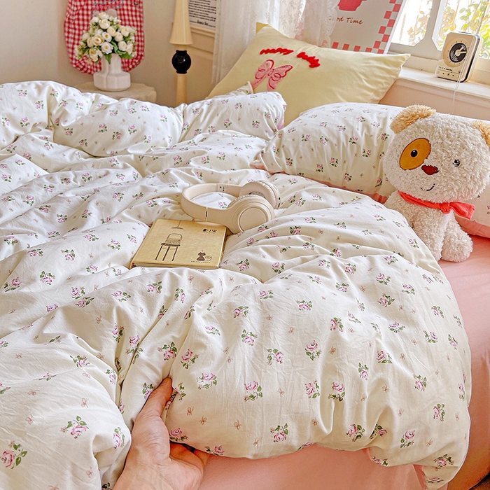 91家纺网 家纺一手货源 找家纺 布可家纺 2025新款水洗棉时尚印花四件套 落日玫瑰