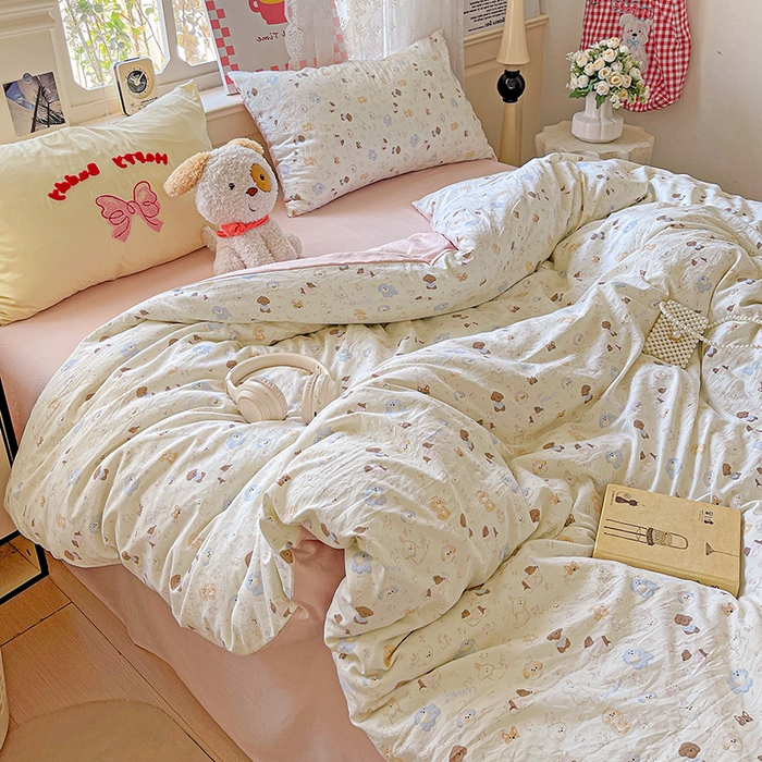 91家纺网 家纺一手货源 找家纺 布可家纺 2025新款水洗棉时尚印花四件套 泡芙狗