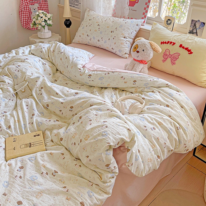 91家纺网 家纺一手货源 找家纺 布可家纺 2025新款水洗棉时尚印花四件套 泡芙狗