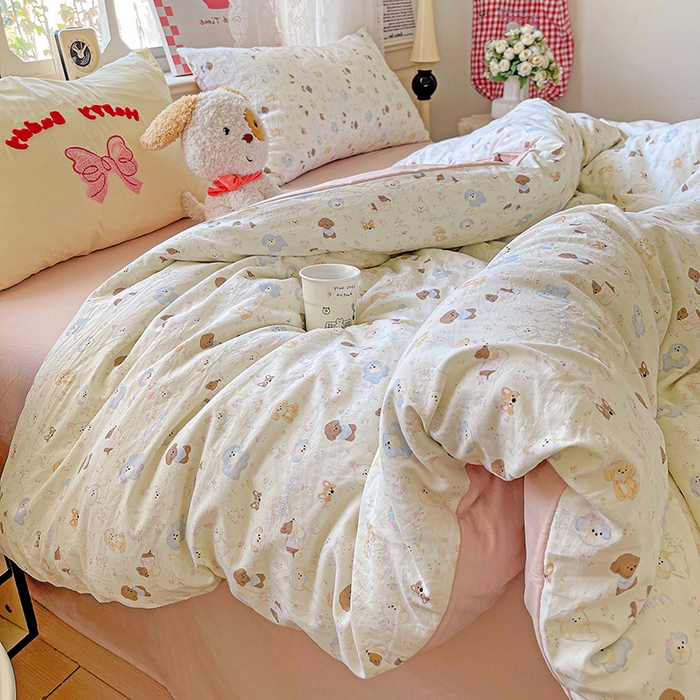 91家纺网 家纺一手货源 找家纺 布可家纺 2025新款水洗棉时尚印花四件套 泡芙狗