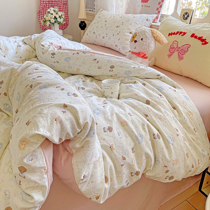 91家纺网 家纺一手货源 找家纺 布可家纺 2025新款水洗棉时尚印花四件套 泡芙狗