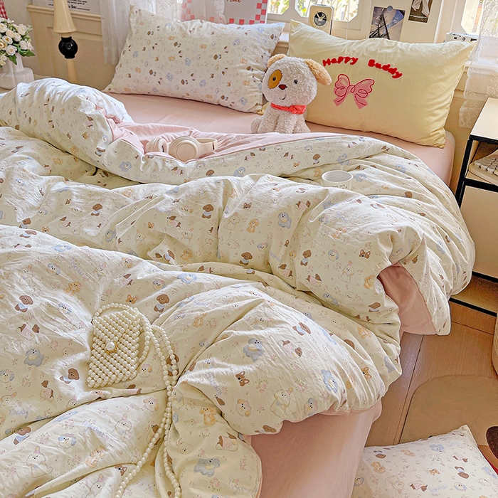 91家纺网 家纺一手货源 找家纺 布可家纺 2025新款水洗棉时尚印花四件套 泡芙狗