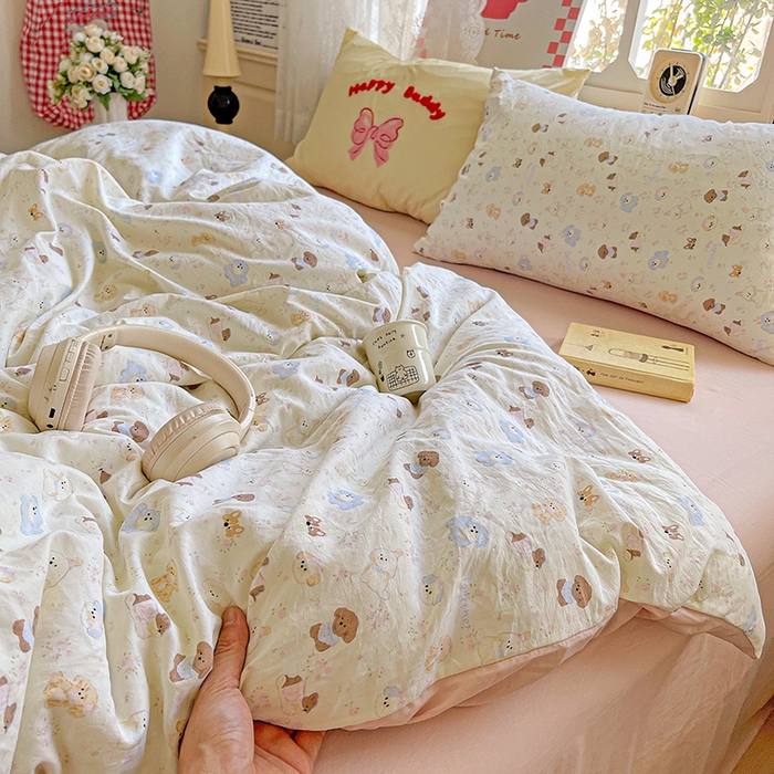 91家纺网 家纺一手货源 找家纺 布可家纺 2025新款水洗棉时尚印花四件套 泡芙狗