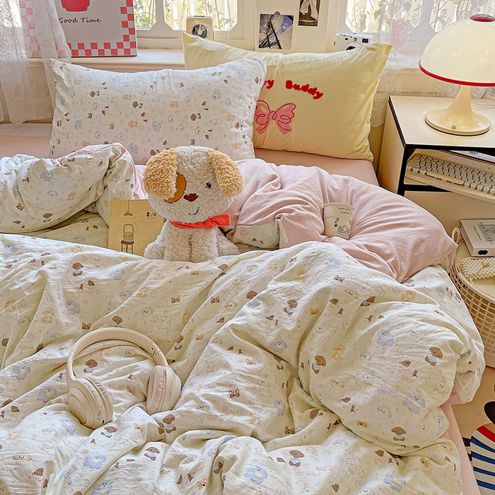 91家纺网 家纺一手货源 找家纺 布可家纺 2025新款水洗棉时尚印花四件套 泡芙狗