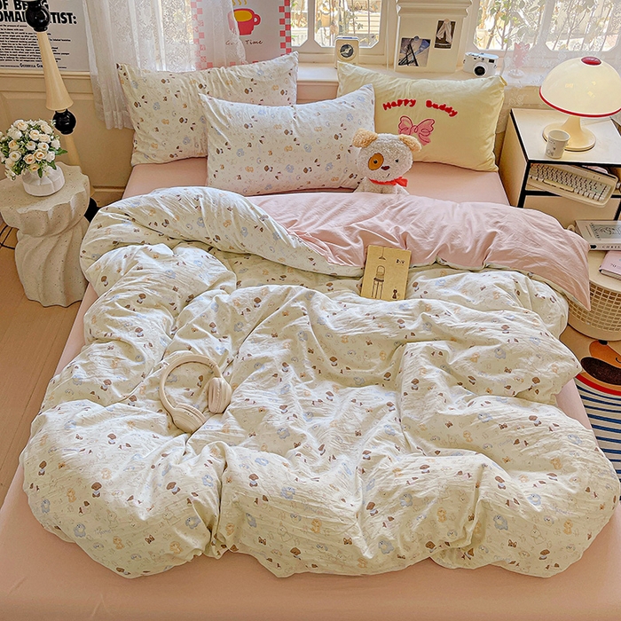 91家纺网 家纺一手货源 找家纺 布可家纺 2025新款水洗棉时尚印花四件套 泡芙狗