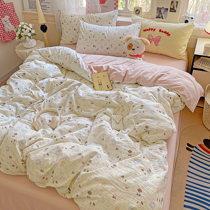 91家纺网 家纺一手货源 找家纺 布可家纺 2025新款水洗棉时尚印花四件套 泡芙狗