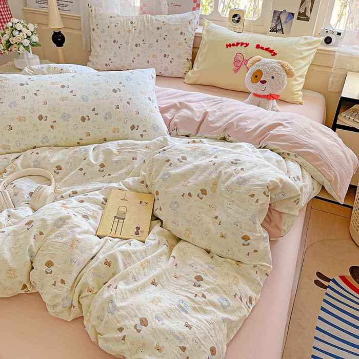 91家纺网 家纺一手货源 找家纺 布可家纺 2025新款水洗棉时尚印花四件套 泡芙狗