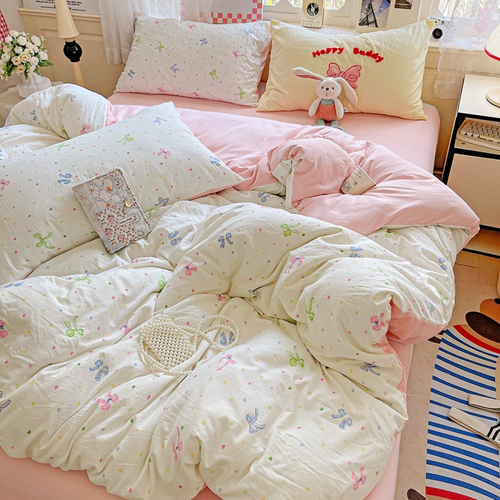 91家纺网 家纺一手货源 找家纺 布可家纺 2025新款水洗棉时尚印花四件套 少女日记