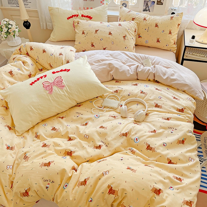 91家纺网 家纺一手货源 找家纺 布可家纺 2025新款水洗棉时尚印花四件套 小狗总动员