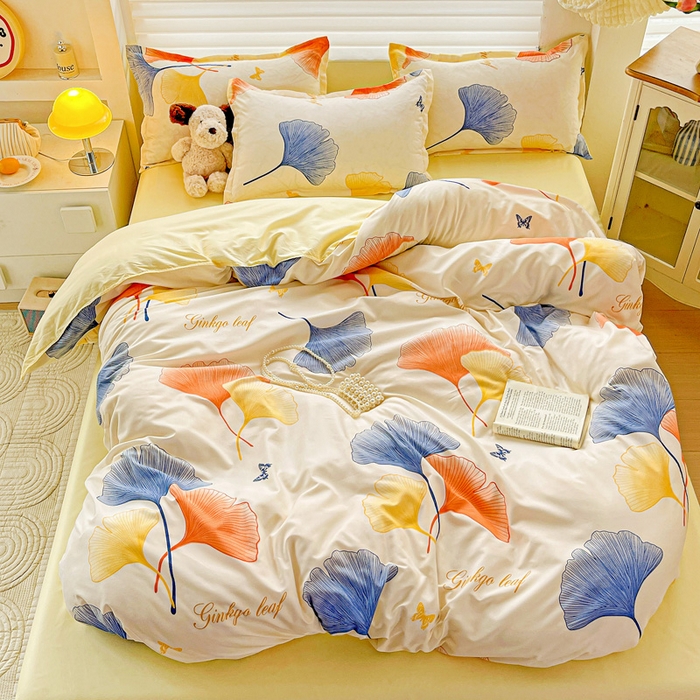 91家纺网 家纺一手货源 找家纺 布可家纺 2025新款水洗磨毛时尚印花四件套 叶之秋