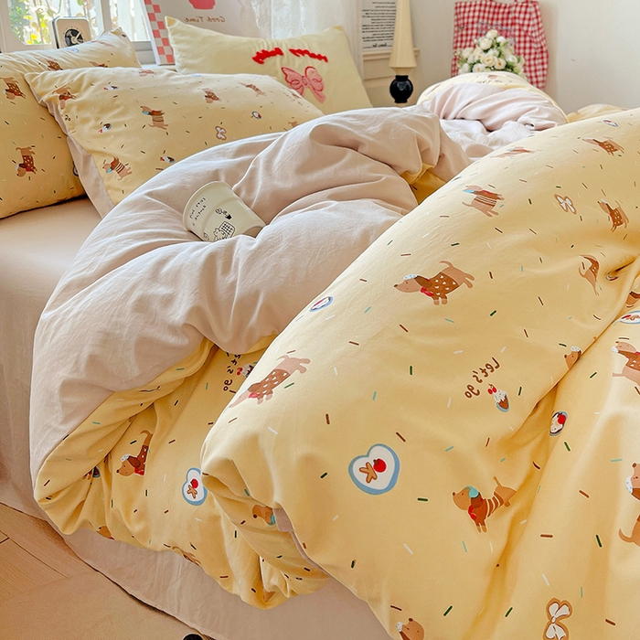 91家纺网 家纺一手货源 找家纺 布可家纺 2025新款水洗棉时尚印花四件套 小狗总动员