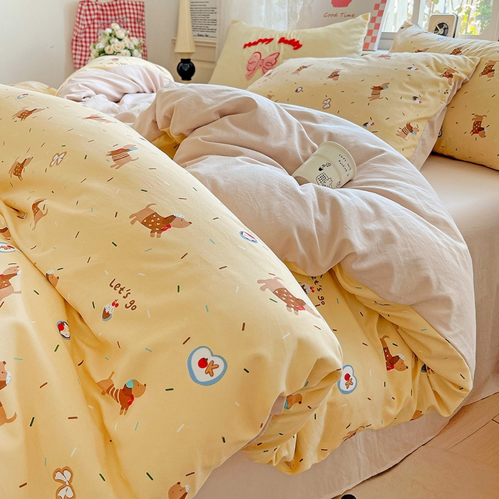 91家纺网 家纺一手货源 找家纺 布可家纺 2025新款水洗棉时尚印花四件套 小狗总动员