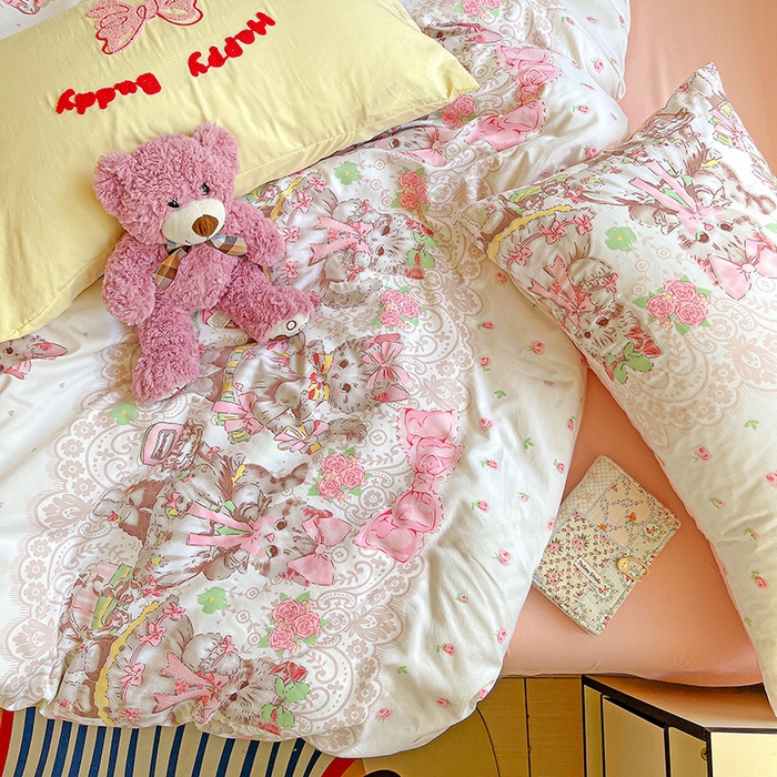 91家纺网 家纺一手货源 找家纺 布可家纺 2025新款水洗棉时尚印花四件套 小猫碎语